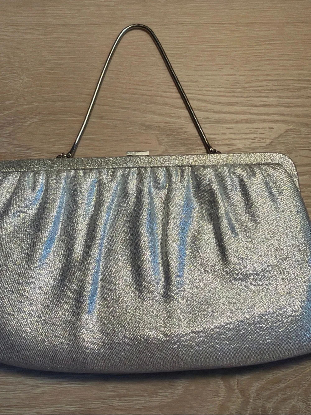 Vintage 1960s Silver Lamé Evening Clutch Bag with Structured Metal Top Handle